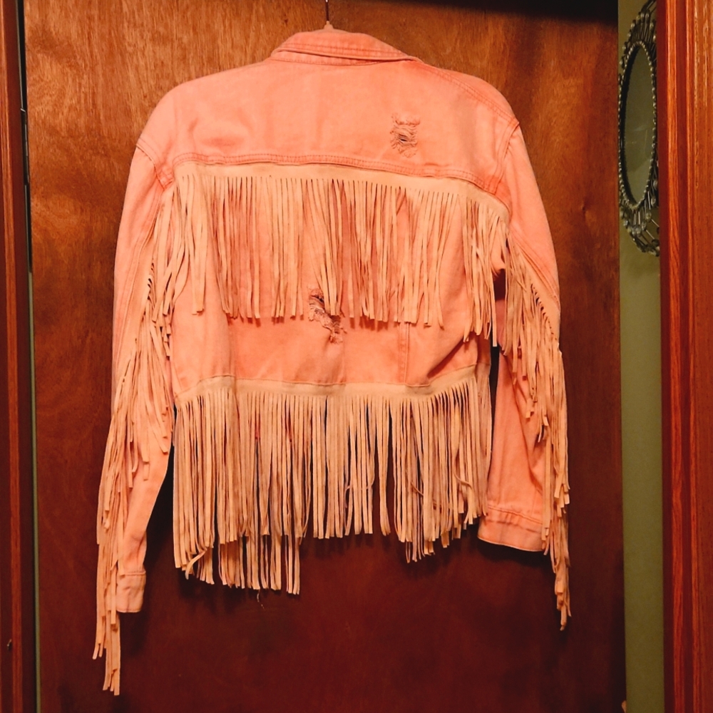 Fringed Pink Distressed Denim Jacket Size Medium New Without Tags - Picture 2 of 5